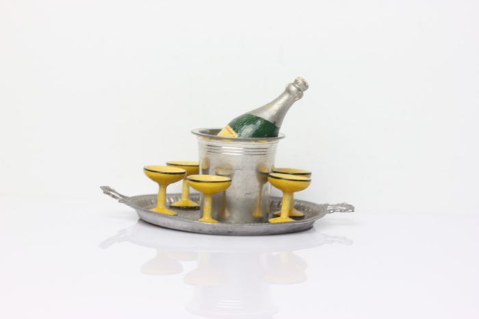 Antique German Dollhouse Christian Hacker Treen Wine Bottle 6 Glasses Miniature
