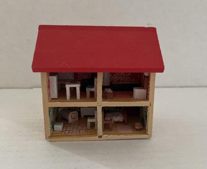 Vtg Miniature Doll House Open Back Wooden Red Roof 4 Rooms Furnished READ