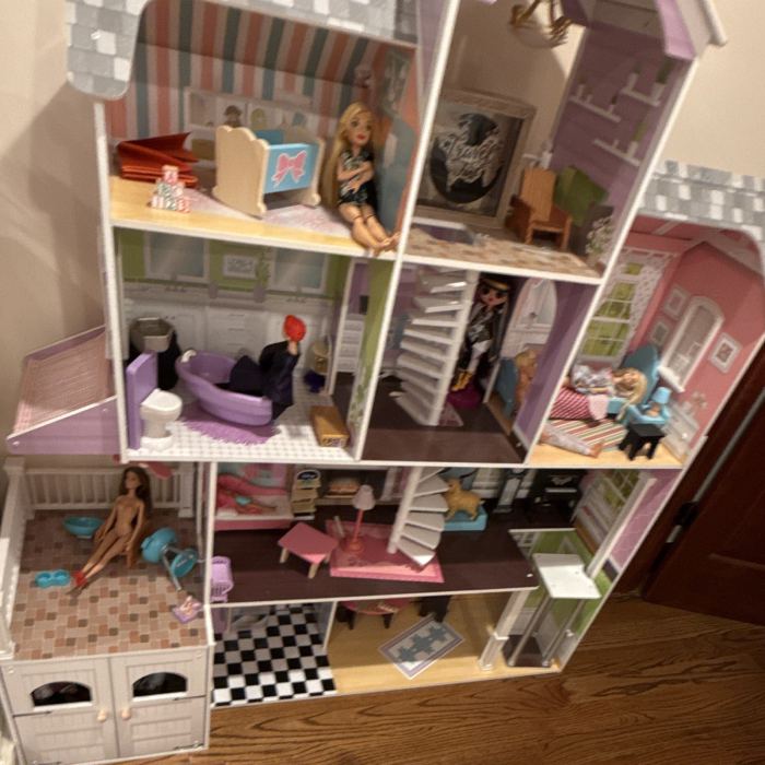 3-Story Furnished 8-Room 1:12 Wooden Dollhouse w/ Dolls, Furniture, Staircase