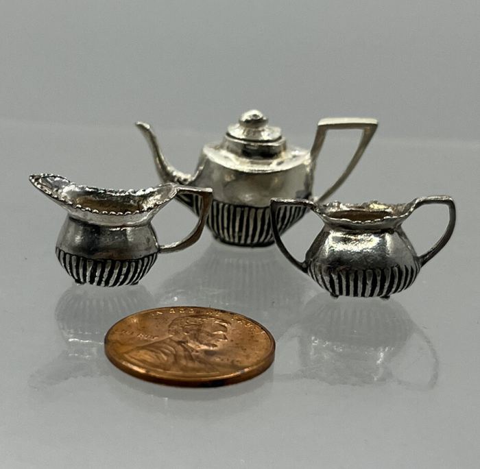 Silver Sterling REO Company Tea Set 3 Pieces Thailand Dollhouse Miniature 1:12