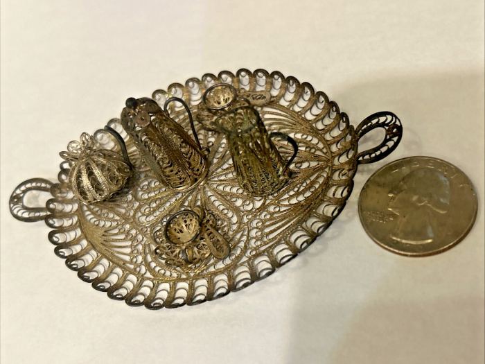 Filigree  Sterling Silver Doll House Miniature Tea Set consisting of 6 pieces